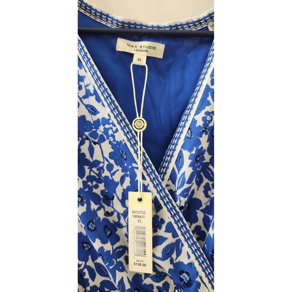 Max Studio London Blue Floral Smocked Waist Tiered Midi Dress 4910Y52 XL NEW - Picture 4 of 7
